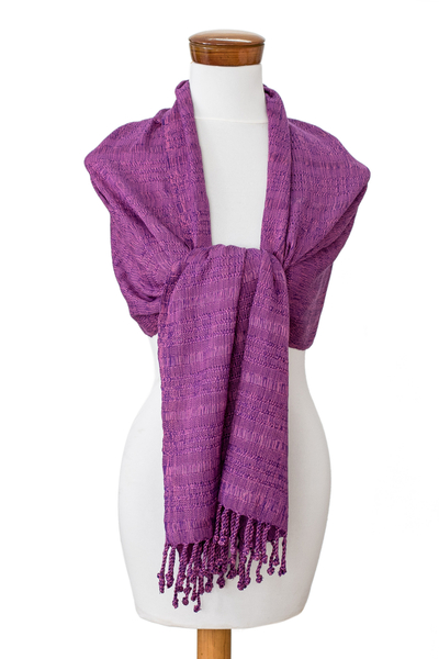 Cotton scarf, 'Purple Serenade' - Hand-Woven Textured Fringed Cotton Scarf in Purple and Pink