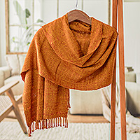 Bufanda de algodón, 'Geometric Fire' - Bufanda de algodón con flecos texturizada tejida a mano en amarillo y rojo