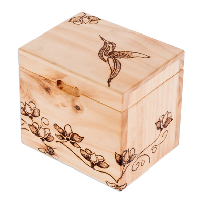 Wood decorative box, 'Harmonious Traces' - Hand-Carved Hummingbird-Themed Pinewood Decorative Box