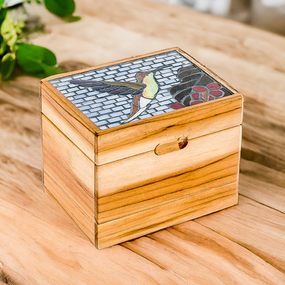 Caja decorativa de madera de teca con mosaico de colibrí de