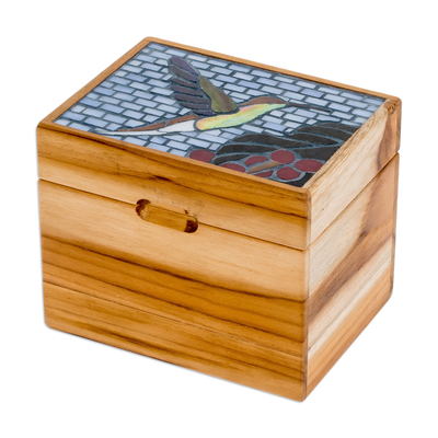 Wood decorative box, 'Mosaically Majestic' - Glass Hummingbird Mosaic Teak Wood Decorative Box