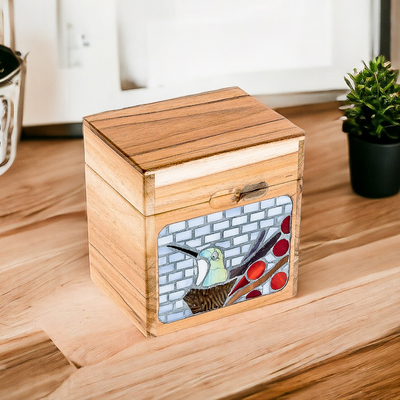 Wood decorative box, 'Harmonious Secrets' - Handcrafted Hummingbird Mosaic Decorative Box in Bright Hues