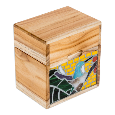 Dekorative Box aus Holz - Handgefertigte Deko-Box mit Kolibri-Mosaik in lebendigen Farben