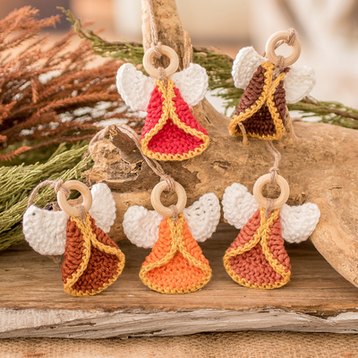 Cotton ornaments, 'Tender Hope' (set of 5) - Set of 5 Handmade Warm-Toned Cotton and Wood Angel Ornaments