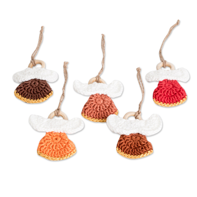 Cotton ornaments, 'Tender Hope' (set of 5) - Set of 5 Handmade Warm-Toned Cotton and Wood Angel Ornaments