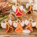 Cotton ornaments, 'Tender Hope' (set of 5) - Set of 5 Handmade Warm-Toned Cotton and Wood Angel Ornaments