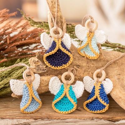 Cotton ornaments, 'Magical Hope' (set of 5) - Set of 5 Handmade Blue-Toned Cotton and Wood Angel Ornaments