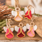 Cotton ornaments, 'Adorable Hope' (set of 5) - Set of 5 Handmade Pink-Toned Cotton and Wood Angel Ornaments