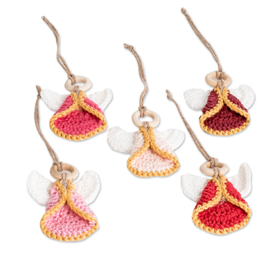 Cotton ornaments, 'Adorable Hope' (set of 5) - Set of 5 Handmade Pink-Toned Cotton and Wood Angel Ornaments