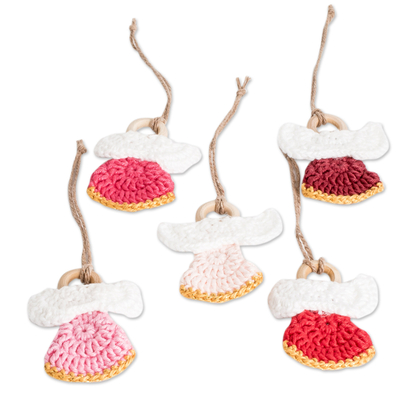 Cotton ornaments, 'Adorable Hope' (set of 5) - Set of 5 Handmade Pink-Toned Cotton and Wood Angel Ornaments