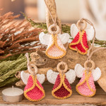 Cotton ornaments, 'Adorable Hope' (set of 5) - Set of 5 Handmade Pink-Toned Cotton and Wood Angel Ornaments