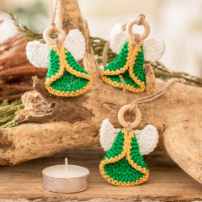 Cotton ornaments, 'Harmonious Creation' (set of 3) - Set of 3 Handcrafted Green Cotton and Wood Angel Ornaments