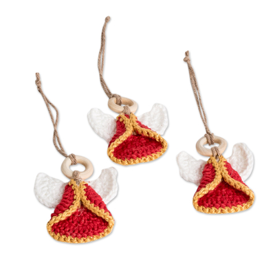Cotton ornaments, 'Lovely Creation' (set of 3) - Set of 3 Handcrafted Red Cotton and Wood Angel Ornaments