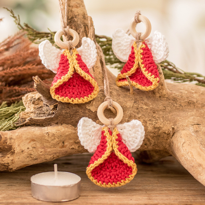 Adornos de algodón (juego de 3) - Juego de 3 adornos de ángeles de madera y rojo hechos a mano