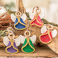 Cotton ornaments, 'Great Hope' (set of 5) - Set of 5 Handmade colourful Cotton and Wood Angel Ornaments