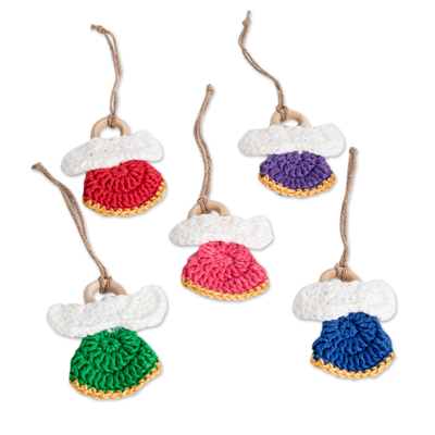 Cotton ornaments, 'Great Hope' (set of 5) - Set of 5 Handmade Colorful Cotton and Wood Angel Ornaments