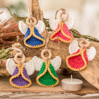 Adornos de algodón (juego de 5) - Conjunto de 5 adornos de ángeles de madera y coloridos hechos a mano