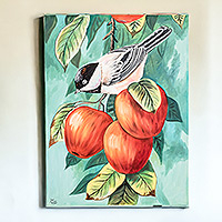 'Black-Capped Chickadee' - Pintura impresionista al óleo de pájaros y frutas con temática natural