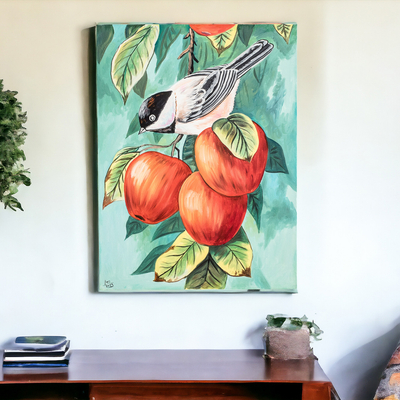 'Black-Capped Chickadee' - Pintura impresionista al óleo de pájaros y frutas con temática natural