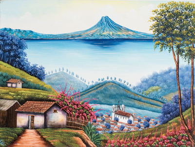 'Lake View' - Signed Impressionist Oil Lake Scape Painting from Guatemala