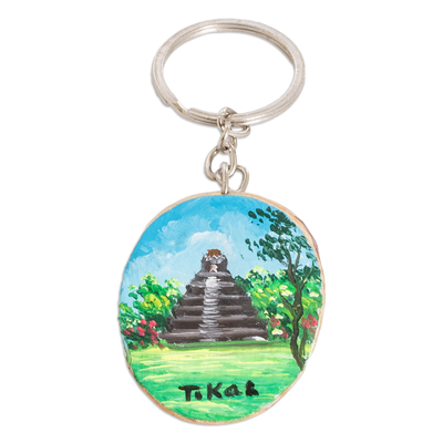 Wood keychain, 'Tikal Charm' - Hand-Carved Pinewood Keychain with Tikal Painting
