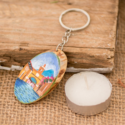Wood keychain, 'Antigua's Charm' - Hand-Carved Pinewood Keychain with Antigua's Arch Painting