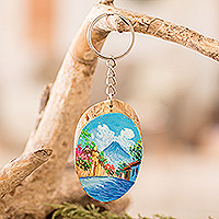 Wood keychain, 'Volcano Charm' - Hand-Carved Pinewood Keychain with Volcano Painting