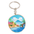 Wood keychain, 'Volcano Charm' - Hand-Carved Pinewood Keychain with Volcano Painting