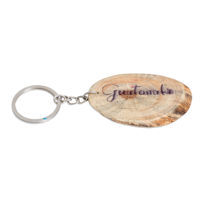 Wood keychain, 'Blue Sky Charm' - Hand-Carved Pinewood Keychain with Spring Sky Painting