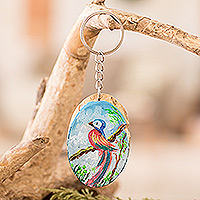 Wood keychain, 'Nature Charm' - Hand-Carved Pinewood Keychain with colourful Bird Painting