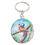 Wood keychain, 'Nature Charm' - Hand-Carved Pinewood Keychain with Colorful Bird Painting