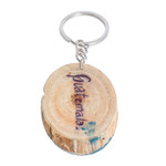 Wood keychain, 'Nature Charm' - Hand-Carved Pinewood Keychain with Colorful Bird Painting