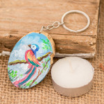 Wood keychain, 'Nature Charm' - Hand-Carved Pinewood Keychain with Colorful Bird Painting