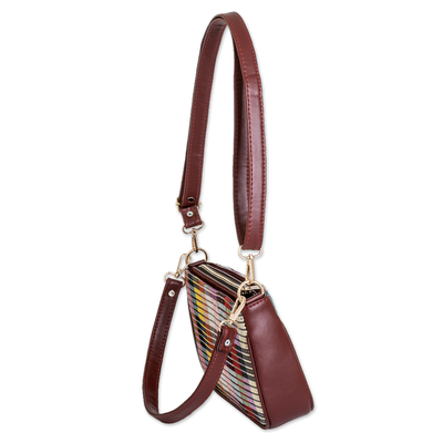 Faux leather-accented cotton shoulder bag, 'Paths of This Land' - Faux Leather-Accented Colorful Striped Cotton Shoulder Bag