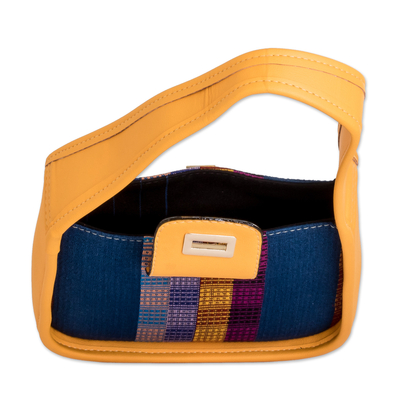 Faux leather-accented cotton shoulder bag, 'Yellow Ways' - Yellow Faux Leather-Accented Striped Cotton Shoulder Bag