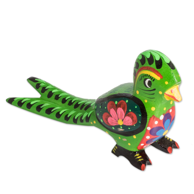 Wood figurine, 'Regal Quetzal' - Floral Hand-Carved Painted Green Pinewood Quetzal Figurine