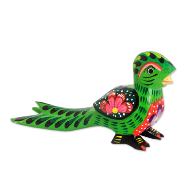 Wood figurine, 'Regal Quetzal' - Floral Hand-Carved Painted Green Pinewood Quetzal Figurine
