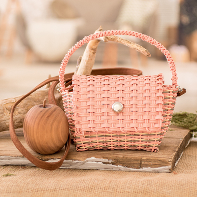 Handwoven sling bag, 'Peachy Chic' - Handwoven Recycled Vinyl Cord Sling and Handle Bag in Peach