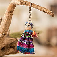 Cotton keychain, 'Road Companion' - Cotton Keychain of a Worry Doll Holding a Ceramic Turtle