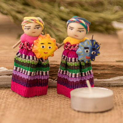 Cotton magnets, 'Sun & Moon Energies' (set of 2) - Handmade Cotton and Ceramic Sun and Moon Worry Doll Magnets