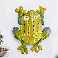 Steel wall art, 'Leaping Frog' - Whimsical Hand-Painted Green Frog-Shaped Steel Wall Art
