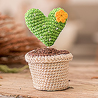 Crocheted home accent, 'Love Cactus' - Heart-Shaped Floral Cactus Crocheted Cotton Home Accent