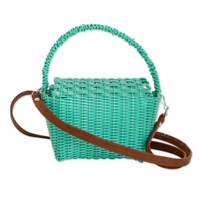 Handwoven sling bag, 'Cheerful Aqua' - Handwoven Recycled Vinyl Cord Sling and Handle Bag in Aqua