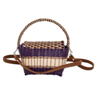 Handwoven sling bag, 'Golden Elegance' - Purple Beige Handwoven Recycled Vinyl Cord Sling Handle Bag