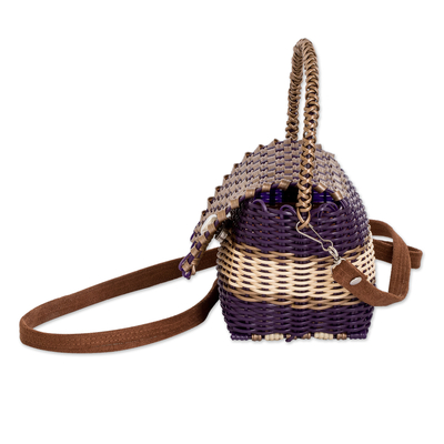 Handwoven sling bag, 'Golden Elegance' - Purple Beige Handwoven Recycled Vinyl Cord Sling Handle Bag