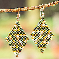 Glass beaded dangle earrings, 'Green Frequencies' - Chevron-Patterned Green Glass Beaded Dangle Earrings
