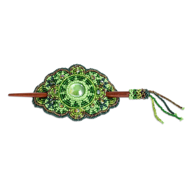 Glass beaded hairpin, 'Eden's Green Beauty' - Handcrafted Green-Toned Wood and Glass Beaded Hairpin