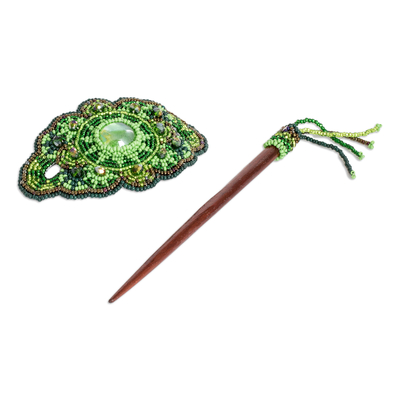Glass beaded hairpin, 'Eden's Green Beauty' - Handcrafted Green-Toned Wood and Glass Beaded Hairpin