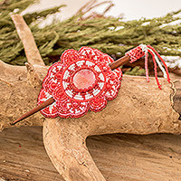 Glass beaded hairpin, 'Eden's Red Beauty' - Handcrafted Red-Toned Wood and Glass Beaded Hairpin
