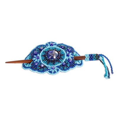Glass beaded hairpin, 'Eden's Blue Beauty' - Handcrafted Blue-Toned Wood and Glass Beaded Hairpin